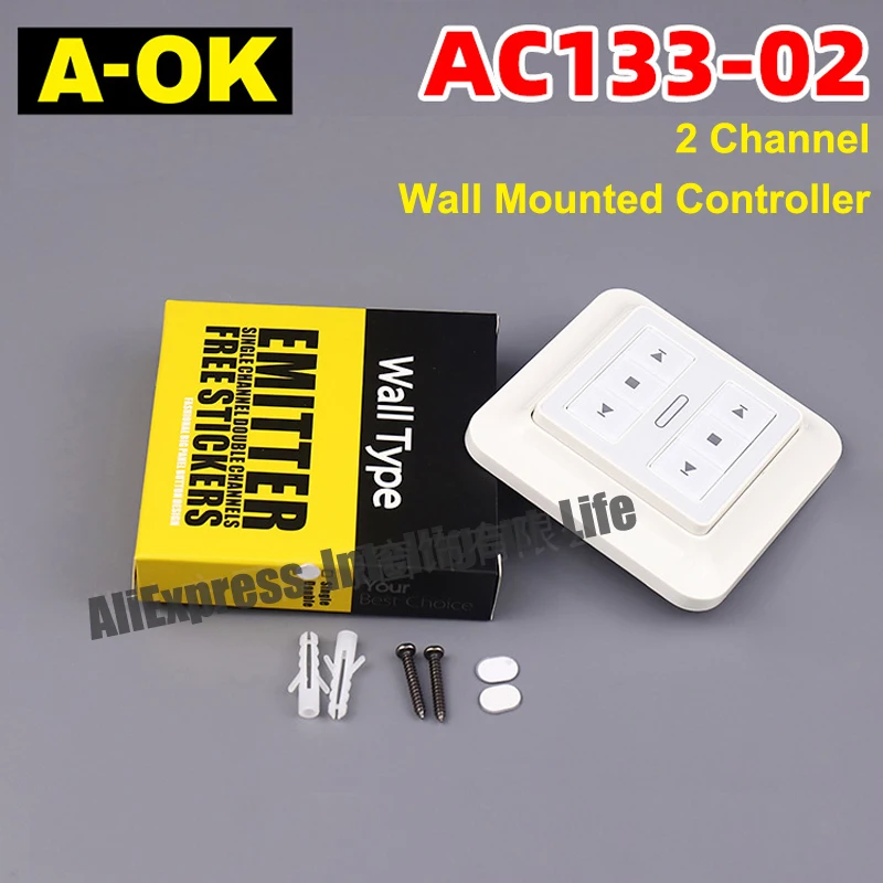 

A-OK AC133-02 Оригинальный беспроводной двухканальный настенный контроллер RF433,92 МГц для электрических штор и трубчатого двигателя