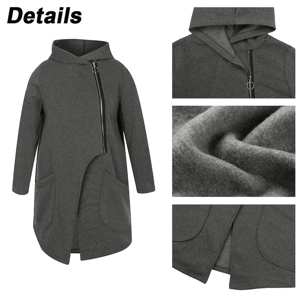 Women Loose Casual Side Zipper Hoodies Fleece Jackets Coat Plus Size Thermal Hooded Long Pocket Autumn/Winter Streetwear Outwear