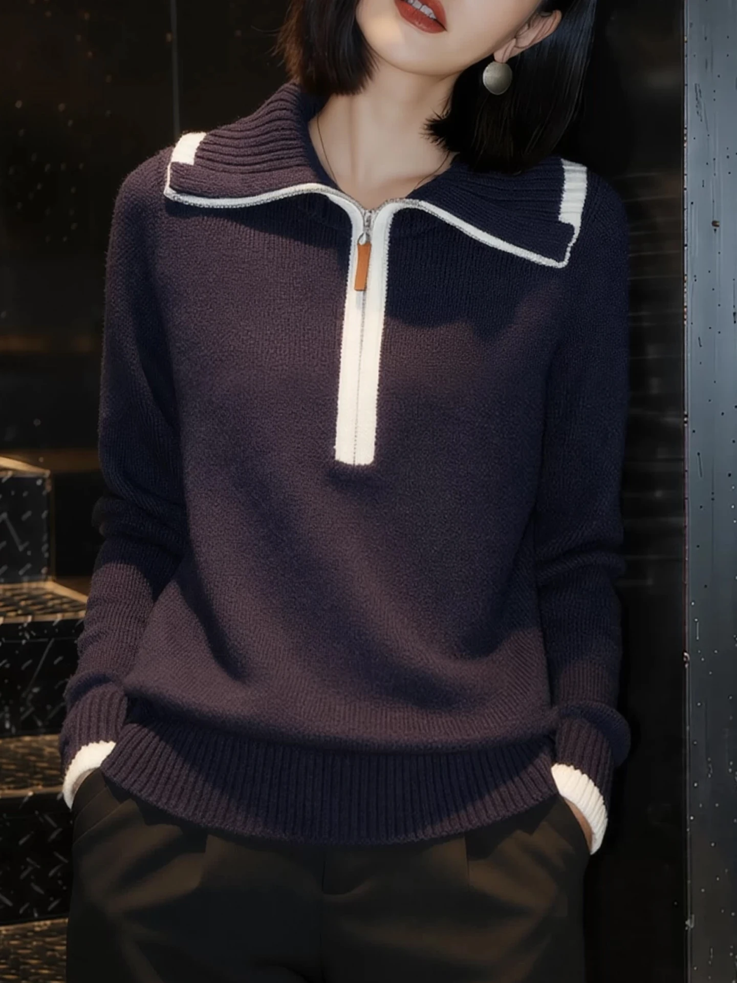 Design Sensation f Zip Color Blo Camere Knitwear Long Sve Women's Faionable Versatile Crew Ne Winter Top