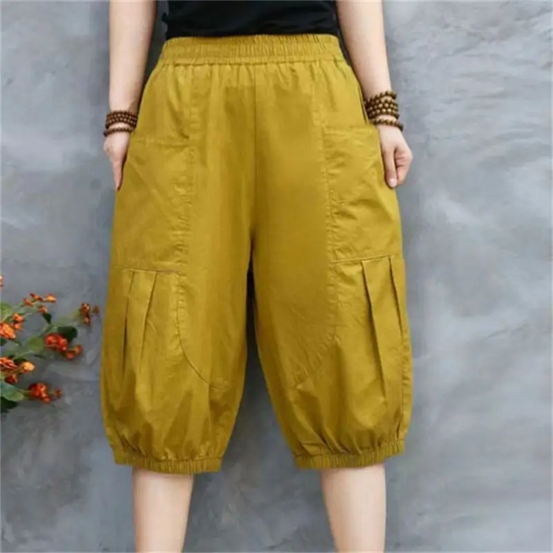 

Summer New Cotton Elastic Waist Calf-Length Pants Female Korean Loose Oversized Pocket Harem Women Clothing Simplicity Trousers
