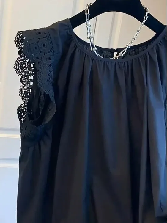Auténtico adorno de encaje dulce empalme Svel irt Top informal suelto para mujer coreano Sle redondo Ne longitud Regular Primavera Verano