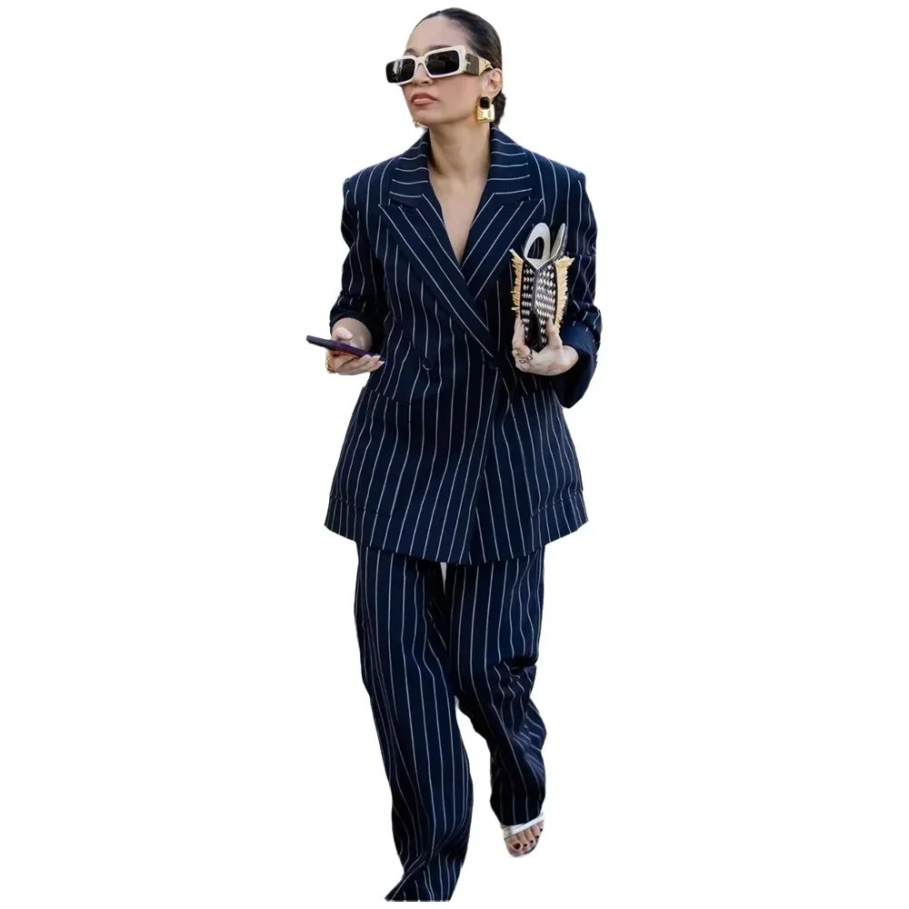 Navy Blue Striped Women's Suit Classic Double Breasted Oversized Peak Lapel Blazer Pants Elegant Office Lady Casual 2 Pieces