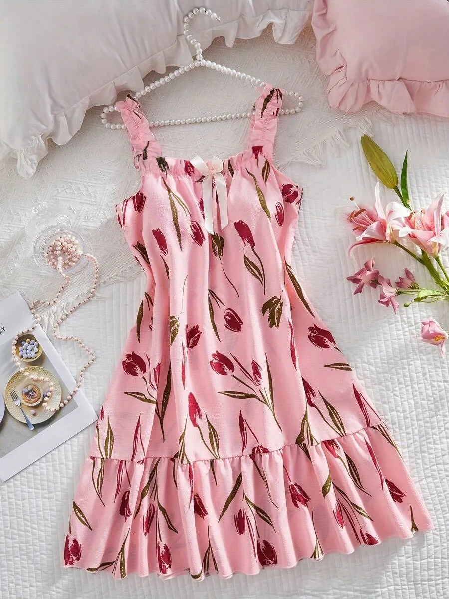Tulip Print Sleeveless Slip Nightdress Women Sexy Home Dress