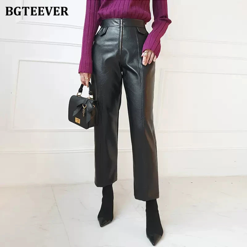 BGTEEVER Stylish High Waist Zipper Women PU Leather Pants Autumn Winter Loose Straight Female Pu Pants