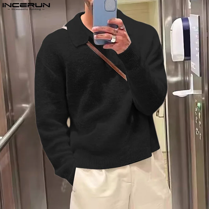 INCERUN Men Sweaters Solid Color Lapel Long Sleeve Knitted Casual Men Clothing Streetwear 2024 Fashion Male Thin Pullovers S-5XL