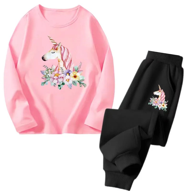 Fashion Girls Spring Autumn Clothes Set Kids Long Sleeve Flower Unicorn T shirt Pants 2pcs Suits Girl Cartoon Sports Outfits