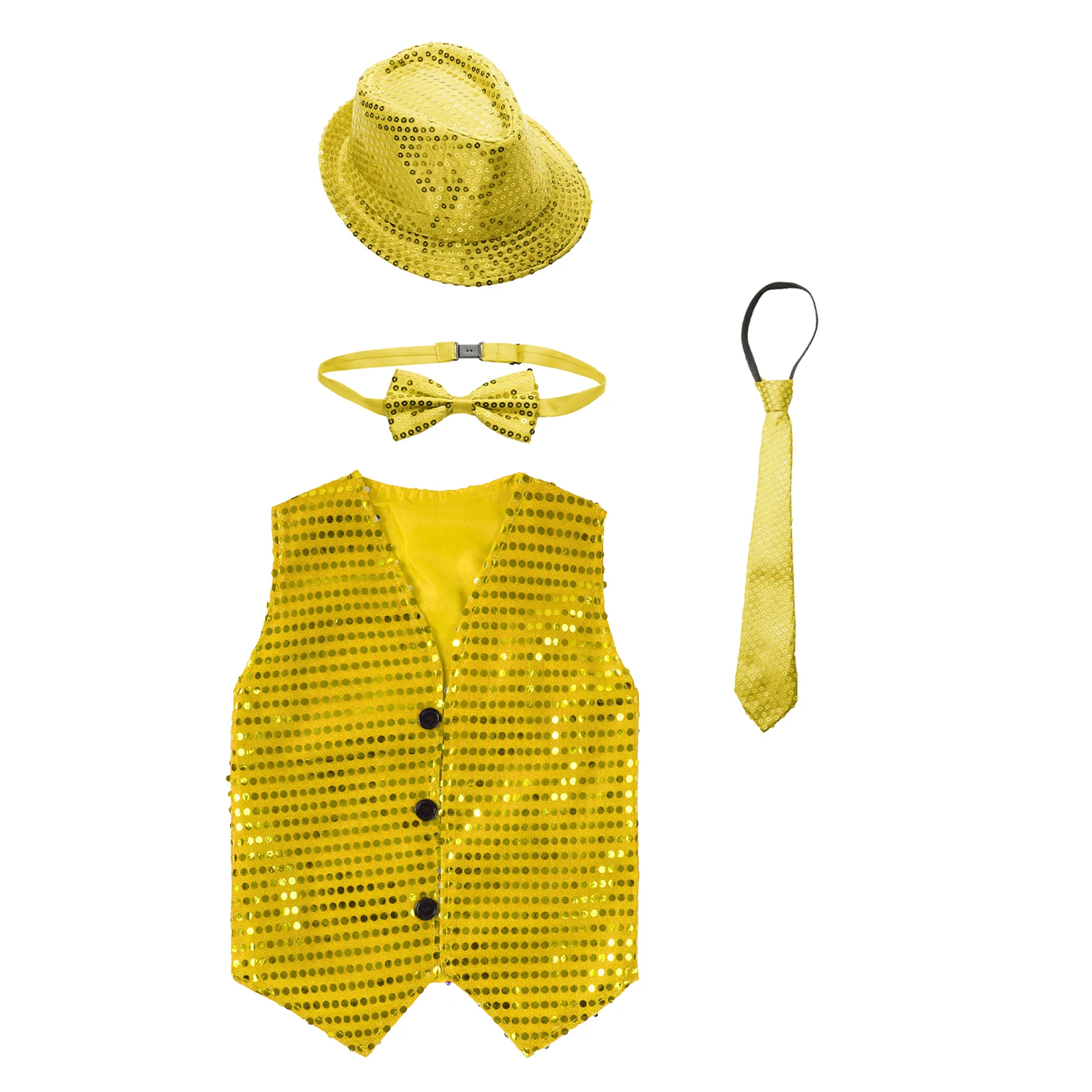 Kids Boys Modern Jazz Tap Dance Stage Performance Clothes Party Cosplay Costume Glittery Sequin Vest with Hat And Bowtie Necktie