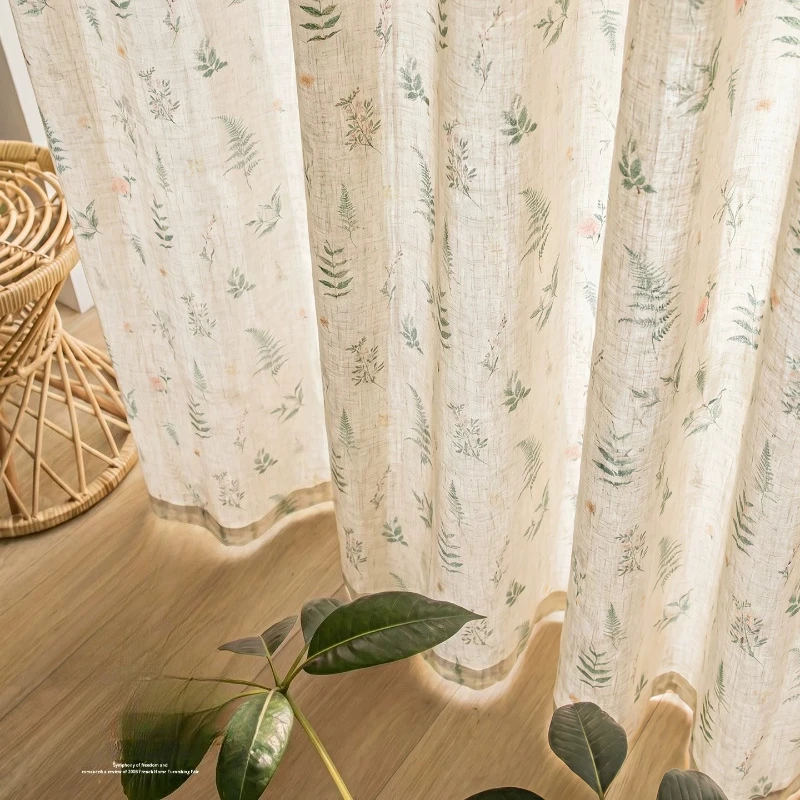 Custom Size Country Linen Leaf Print White Tulle Sun Protection Luxury Sheer Curtains for Living Dining Room Bedroom Elegant