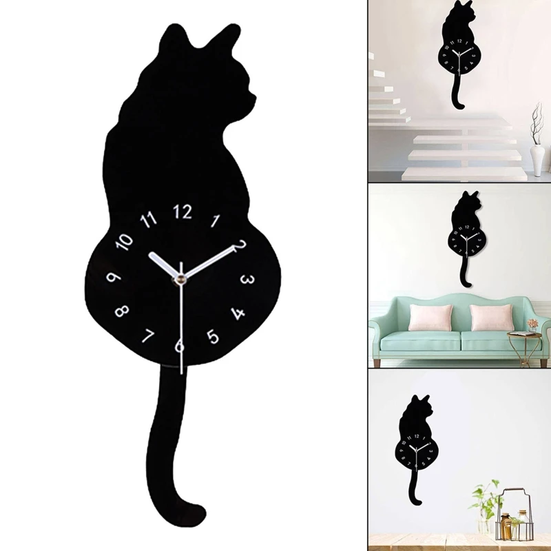 Silent for Cat Pendulum Wall Clock with Moving Tail Whimsical Funny Wall Clocks for Home Office Apartment Cafe Xmas Gift