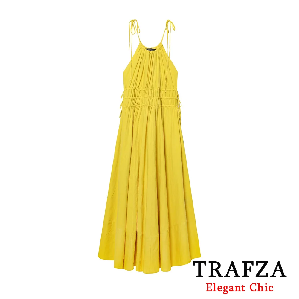 

TRAFZA-Women Elegant Casual Cami Dress Solid Yellow Drawstring Lace-up Bow Dress New 2025 Spring Summer Fashion Date Beach Dress