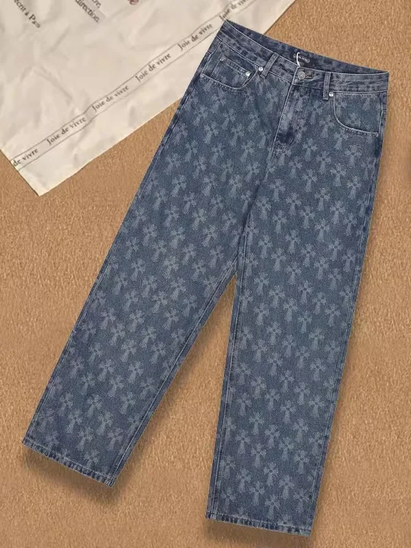 

2025 New Faion Brand Jeans Straight Leg Design Sense High Street Printed Men's And Women's Trendy Straight Cut Jeans