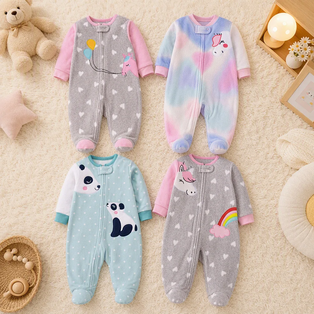 Baby-Mädchen-Strampler mit Kontrastärmeln aus Polarfleece, gepunktetem Herz-Print, Cartoon-Stickerei, Reißverschluss, Herbst-Winter-Babykleidung