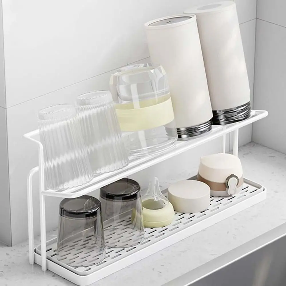 Iron Double-layer Drain Cup Rack Space Saving Large Capacity Layered Cup Storage Rack with Removable Drip Tray Sink Storage Rack