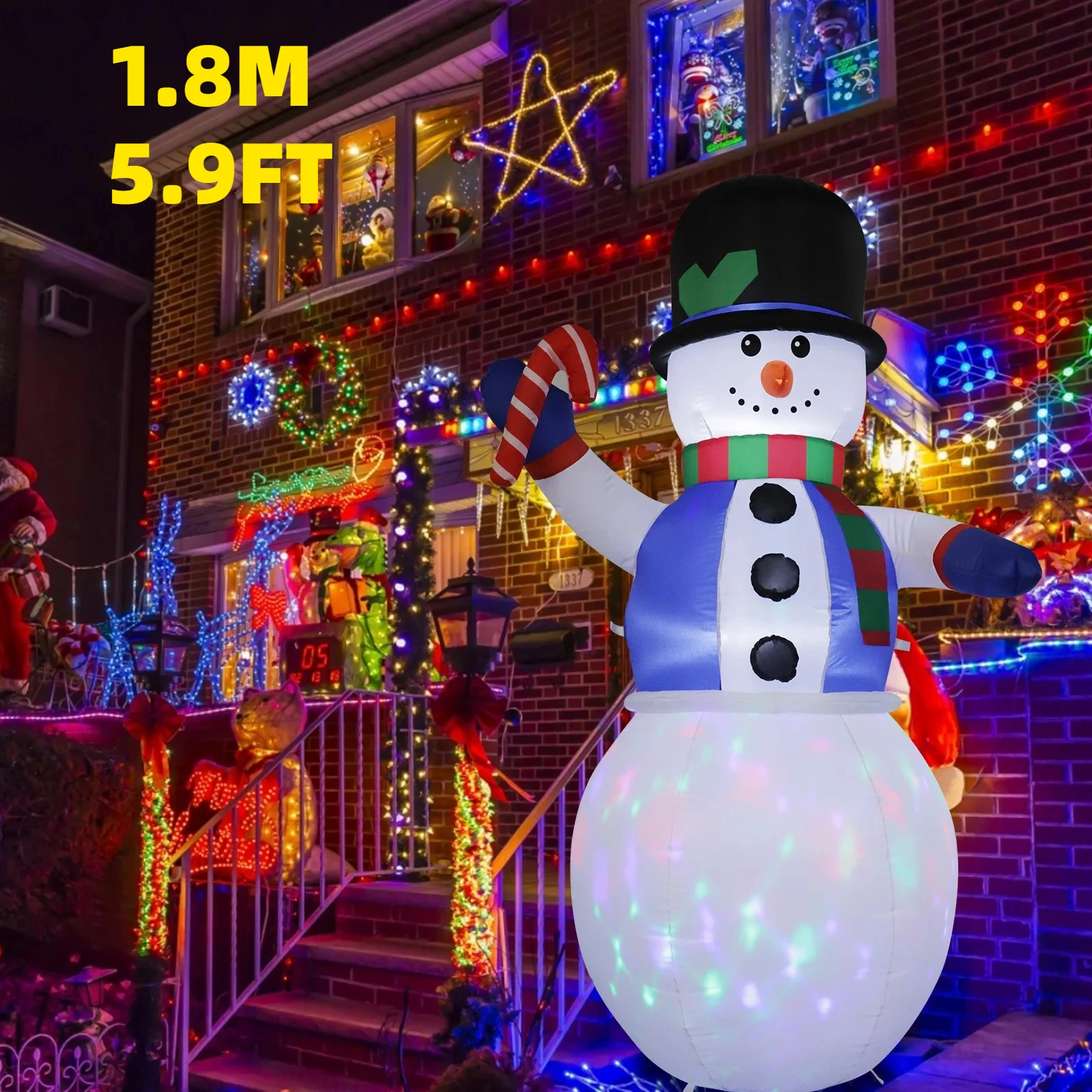 

1.8M/5.9FT Inflatable Christmas Snowman with Candy Cane Lights LED Home Decorations Toys Yard Xmas Ornaments Decor Supplies
