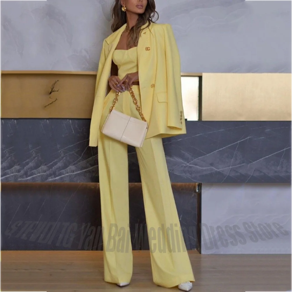 

Classy Yellow Suit For Women Straight Fitted Peaked Lapel Blazer Set Two Piece Double Breasted Tender Elegant Lady Outfit