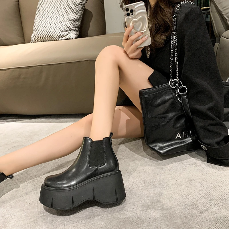 Rock Shoes Woman White Mid-Calf Boots Lace Up Winter Footwear Flat Heel Round Toe Boots-Women Low Ladies Lolita Med Rubber 2023