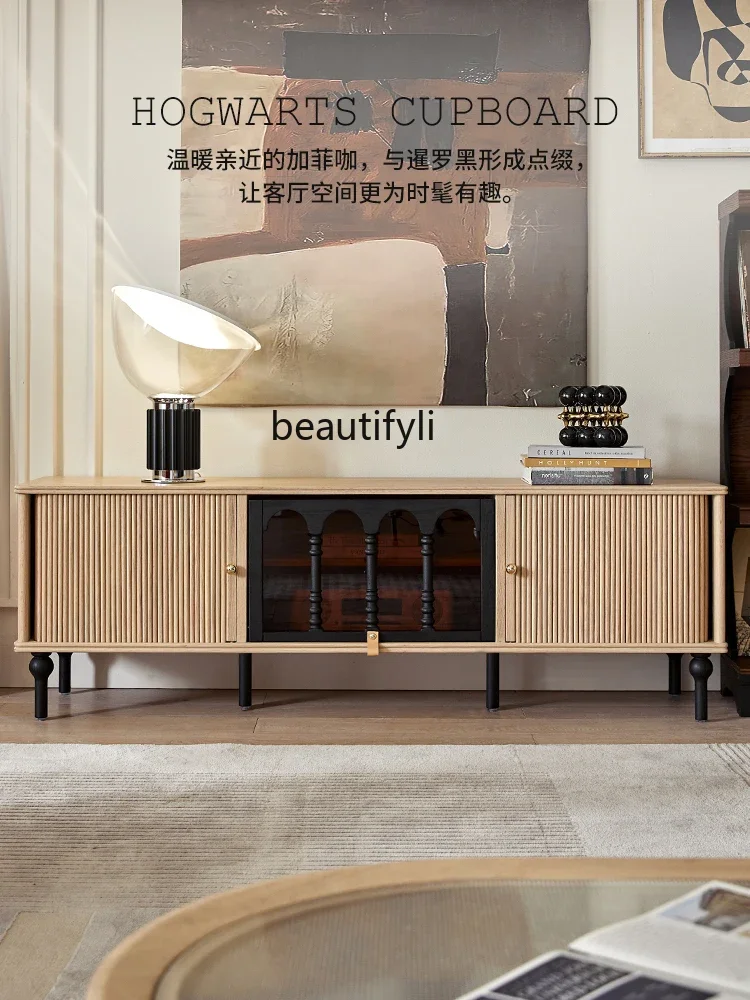 Mid-Ancient Solid Wood TV Cabinet Audiovisual Cabinet Nordic Retro Wood Color Living Room Locker