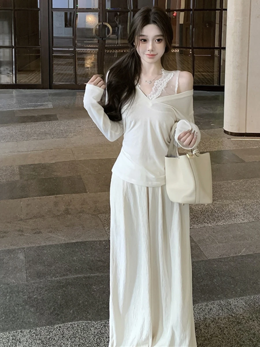 Korean Style Pure Desire Sweet Lace V-Neck Strap Long Sleeve Waist-Cinched T-Shirt High Waist Wide Leg Pants Elegant Three-Pi...
