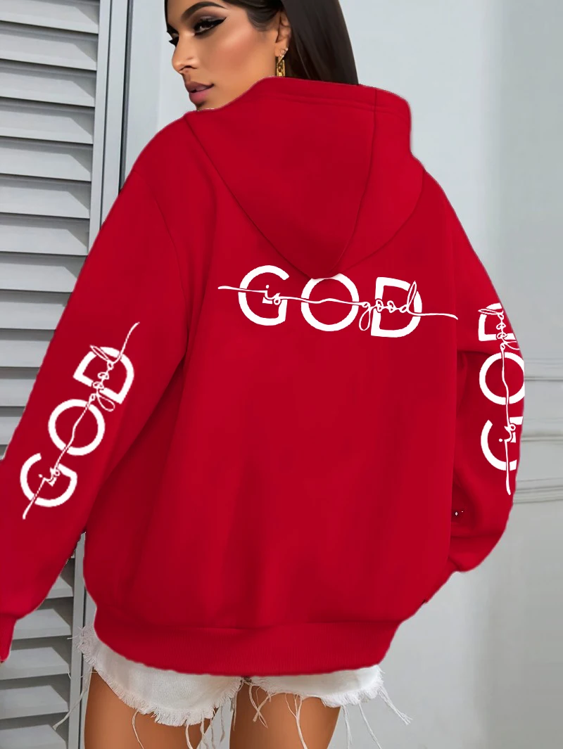 God Is Good Art Letter Printing Women Hoody Autumn All-Match Pullover Casual Loose Hoodie Fleece Pocket Woman Streetwear