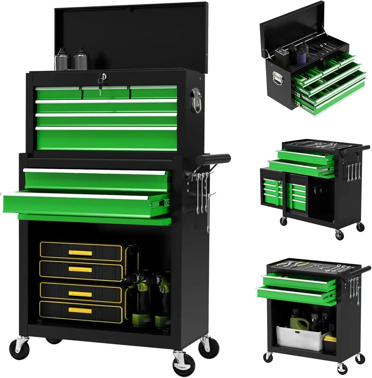 Tool Chest with Wheels, 2 in 1 Rolling Box with Top Chests & Cabinet, Storage Chest with Locking System for Garag