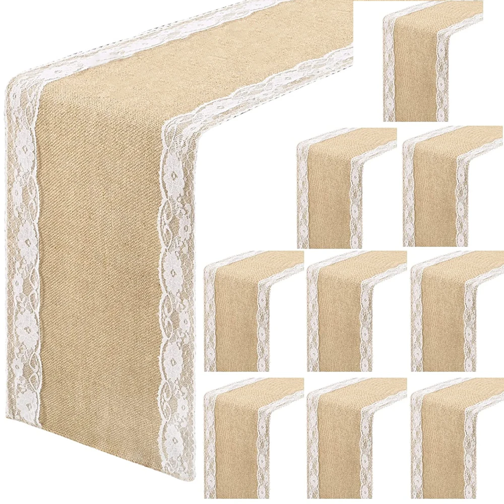 10 PCS 30x275cm Natural Jute Hessian Table Burlap Runner Burlap Lace Table Runner For Rustic Wedding Party Table Decoration