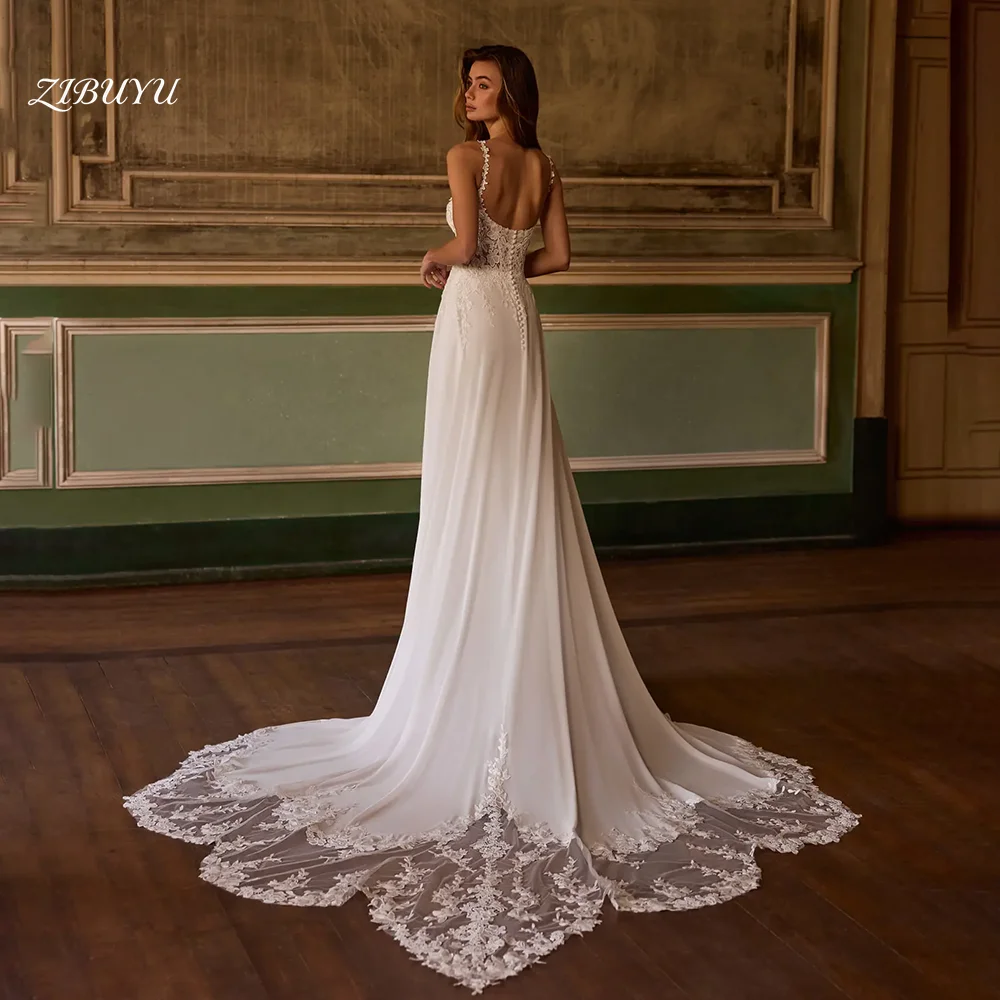 

ZIBUYU Customized Elegant Luxury Wedding Dress Spaghetti Straps Sleeveless Square Neck Floral Lace Appliques Chiffon Bridal Gown