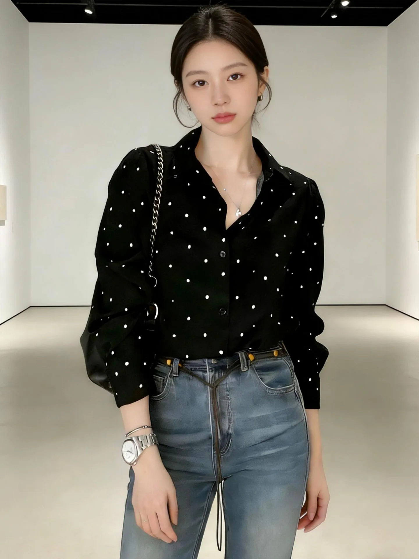 

Черная блузка в горошек с длинным рукавом для женщин, универсальная офисная модель для работы, весна 2026, новинка