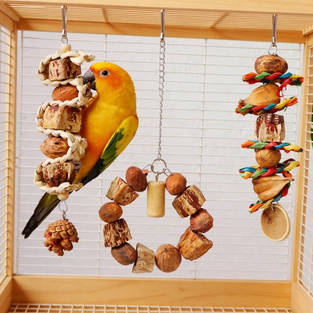 

Bird Chewing Toy Foraging Toys Natural Wood Nuts Parrot Toys Bite Resistant Bird Tearing Toy for Small Medium Birds