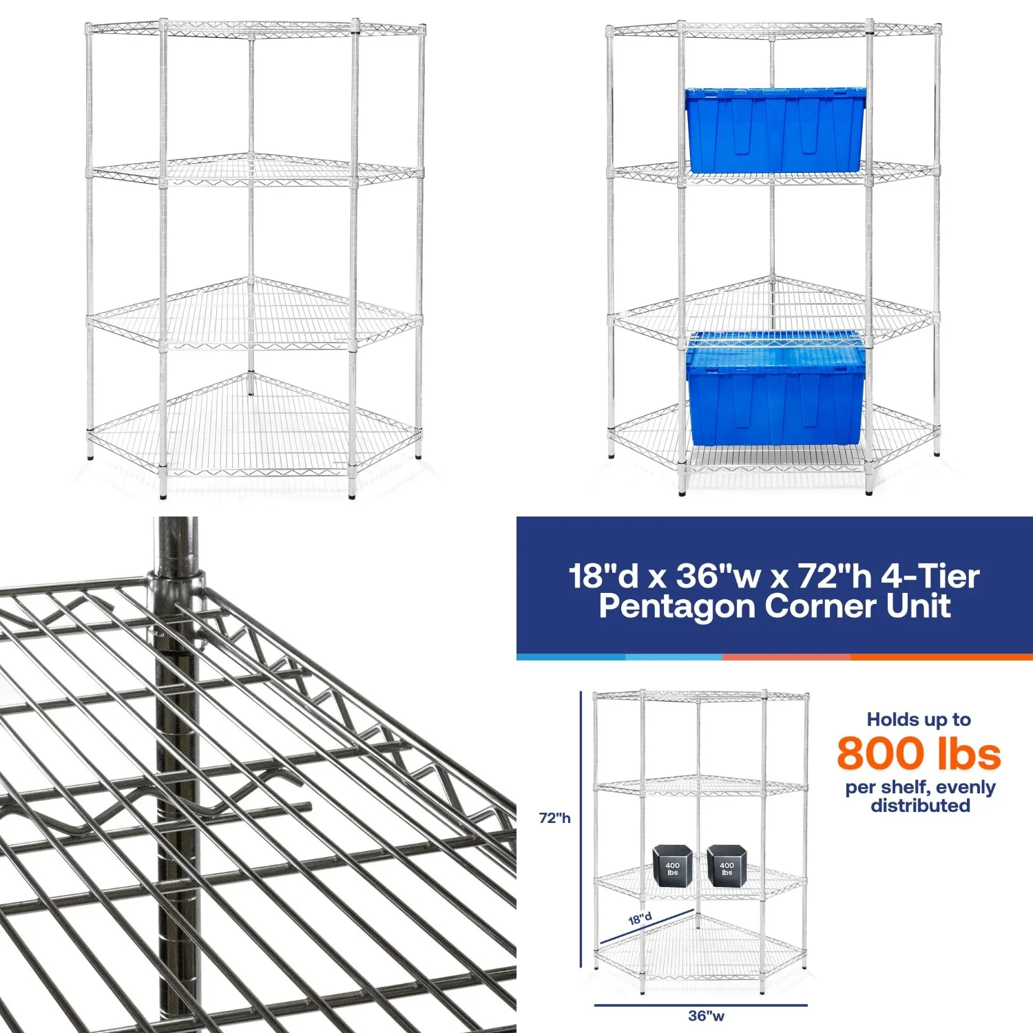 

72in 5-Sided Corner Wire Shelving Unit 4-Tier 800lbs Capacity Per Shelf Garage Kitchen Basement Customized