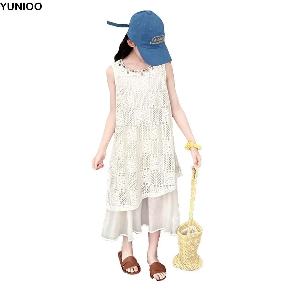 

Round Neck Kids Bohemian Shell Dress Princess Sleeveless Children Beach Long Skirt Loose Hollow Girls Patchwork Dress Kids Girls