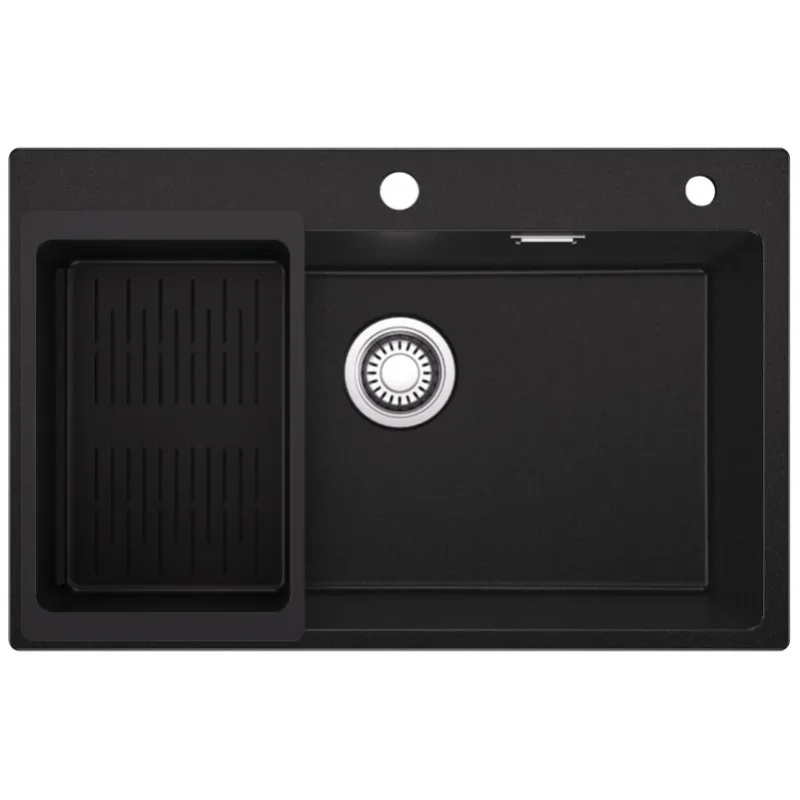 Küchenspüle 1 Becken 70×45 CM Schwarze Granit-Küchenspüle mit Abtropfkorb, Arbeitsplatten-Spüle