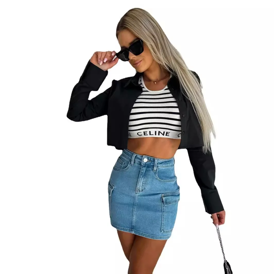 Summer New Sle Spicy Girl Street Faion Denim Patchwork  Skirt Women's American Sle f-length Skirts