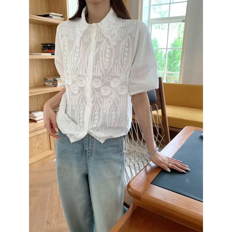 

French Style Bubble Sleeve Shirt Women Short Sleeve Embroidered Lace Drawstring Slimming Collar Top Summer New Arrival