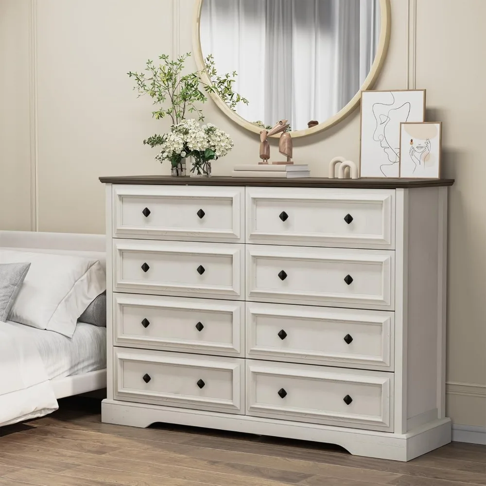 

8 Drawer Dresser for Bedroom, 54 Wide Wood Dresser with Natural Texture, Vintage Metal Double Hand Knobs, Rustic Chest