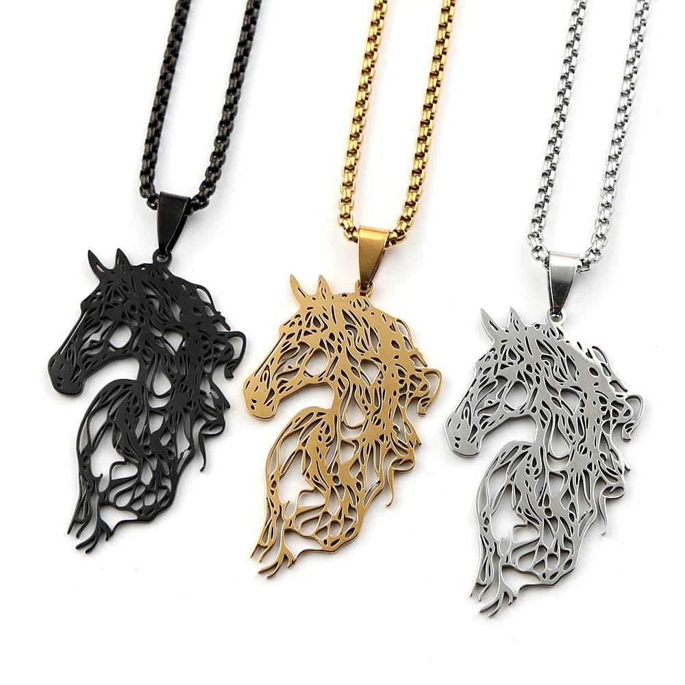 

Hollow Gothic Horse Head Pendant Necklace for Women Men Stainless Steel Silver Black Color Animal Chain Necklaces Jewelry Gift