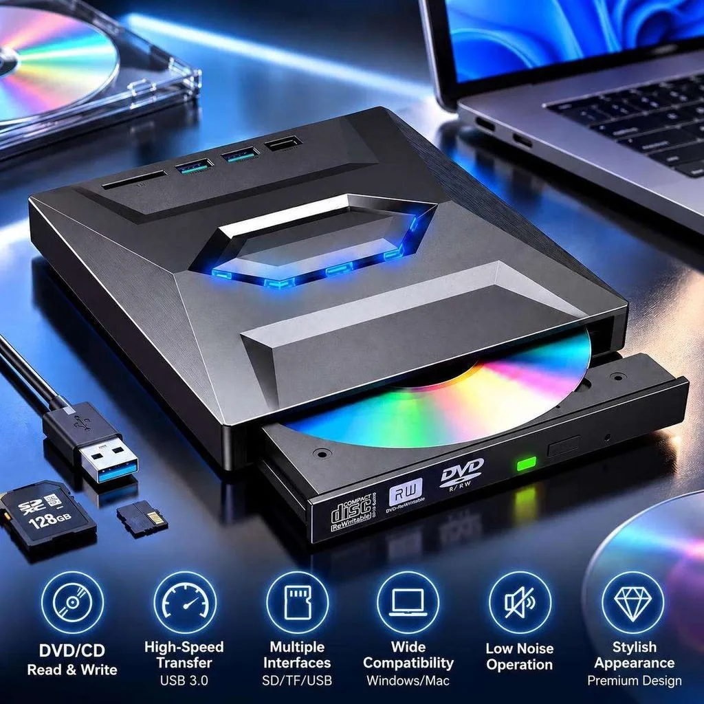 Wielofunkcyjny zewnętrzny napęd DVD z interfejsem USB typu C, wyposażony w hub USB i czytnik kart SD, nie wymaga instalacji sterowników, wystarczy podłączyć i używać, cichy, przenośny napęd CD/DVD.
