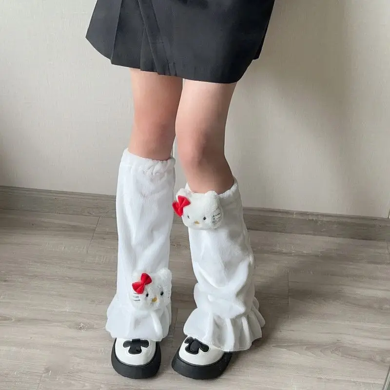 Hello Kitty Plush Leg Warmers Sanrio Anime Cartoon Kawaii Lolita Autumn and Winter Hot Girl Keep Warm Student Mid-Calf Socks New