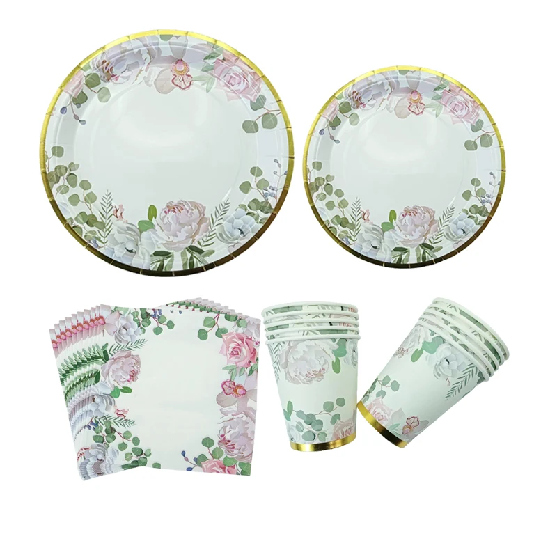 10Pcs Green leaves Flower Paper Plates Cups Napkins Happy Birthday Wedding Party Bride Shower Hawaiian Tea Party Table Decor