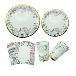 10Pcs Green leaves Flower Paper Plates Cups Napkins Happy Birthday Wedding Party Bride Shower Hawaiian Tea Party Table Decor