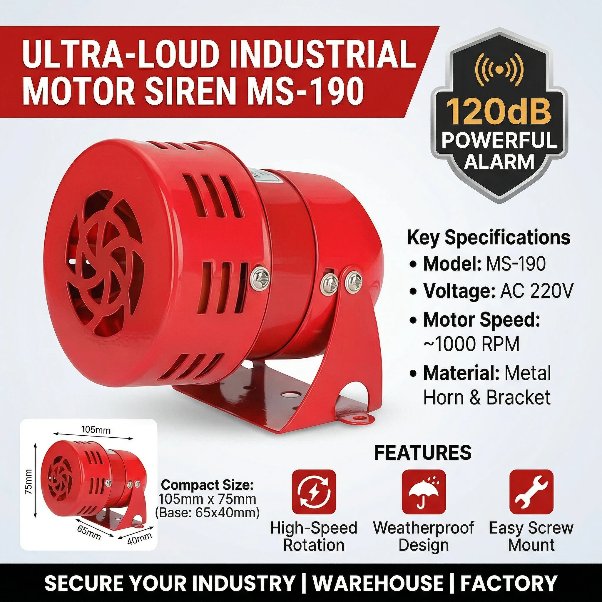 

Powerful 120dB Mini Motor Siren MS-190, Metal Horn Alarm 220V, Industrial Rotating Warning Light/Siren with Screw Mount