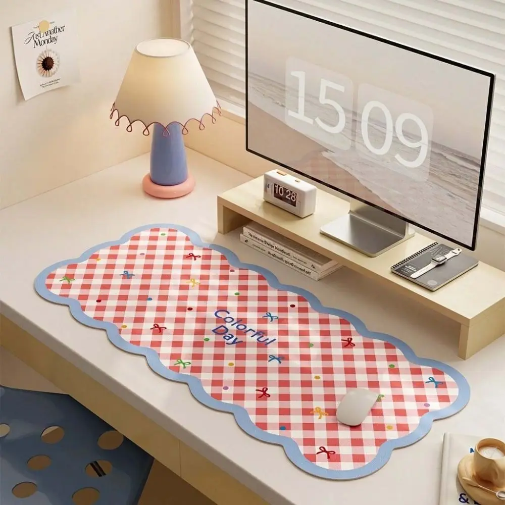 Durable Non Slip Extra Large Mouse Pad PU Plaid Pattern Desk Pad Cute Sweet Computer Desk Mat for Office and Home