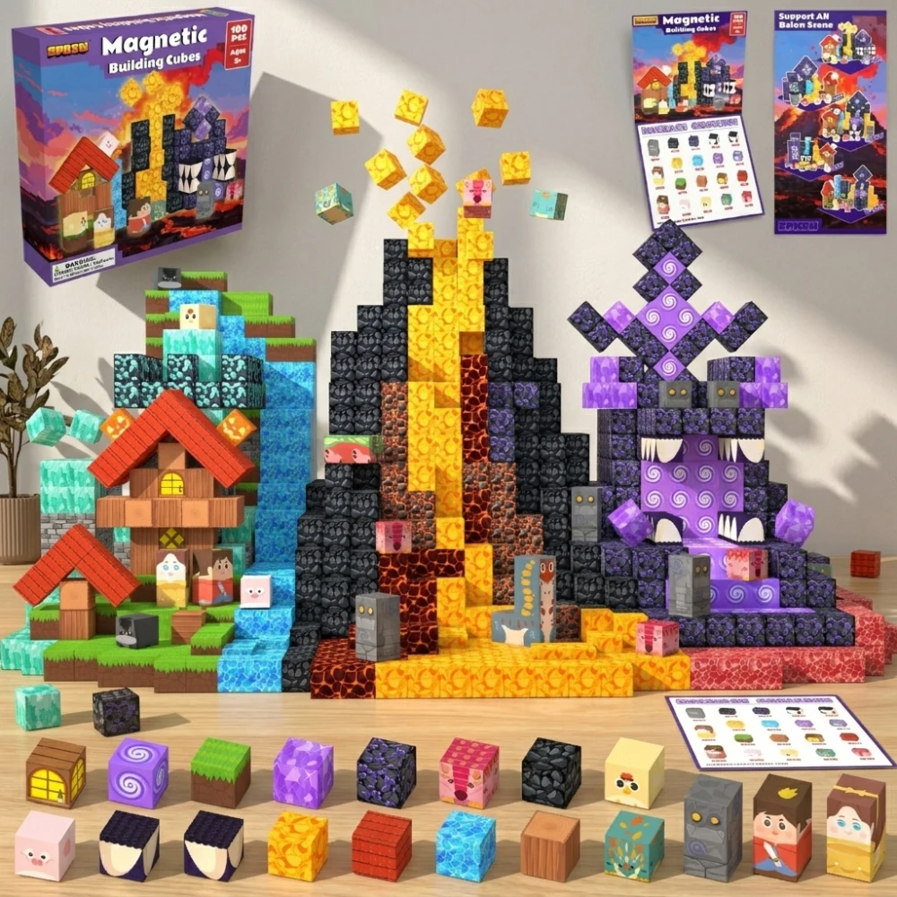 

3D Magnetic Bricks Cubes, NEW Lava Volcano Forest Game Landscape Set, DIY STEM Educational Construction Toy, Creative Gift Box
