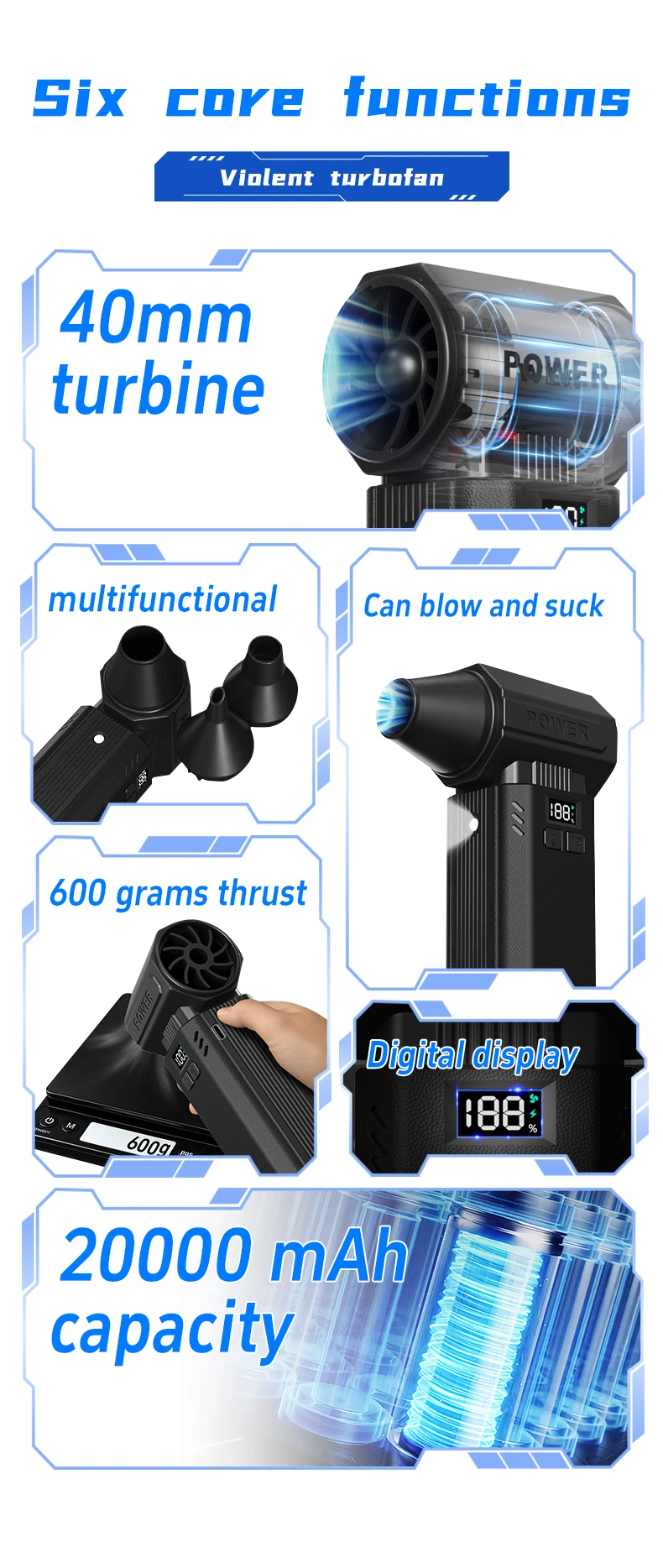 

400000RPM Powerful Jet Fan 600g Wind Pressure 40mm Brushless Motor Violent Fan 60m/s Wind Speed Compressed Air Duster For Home