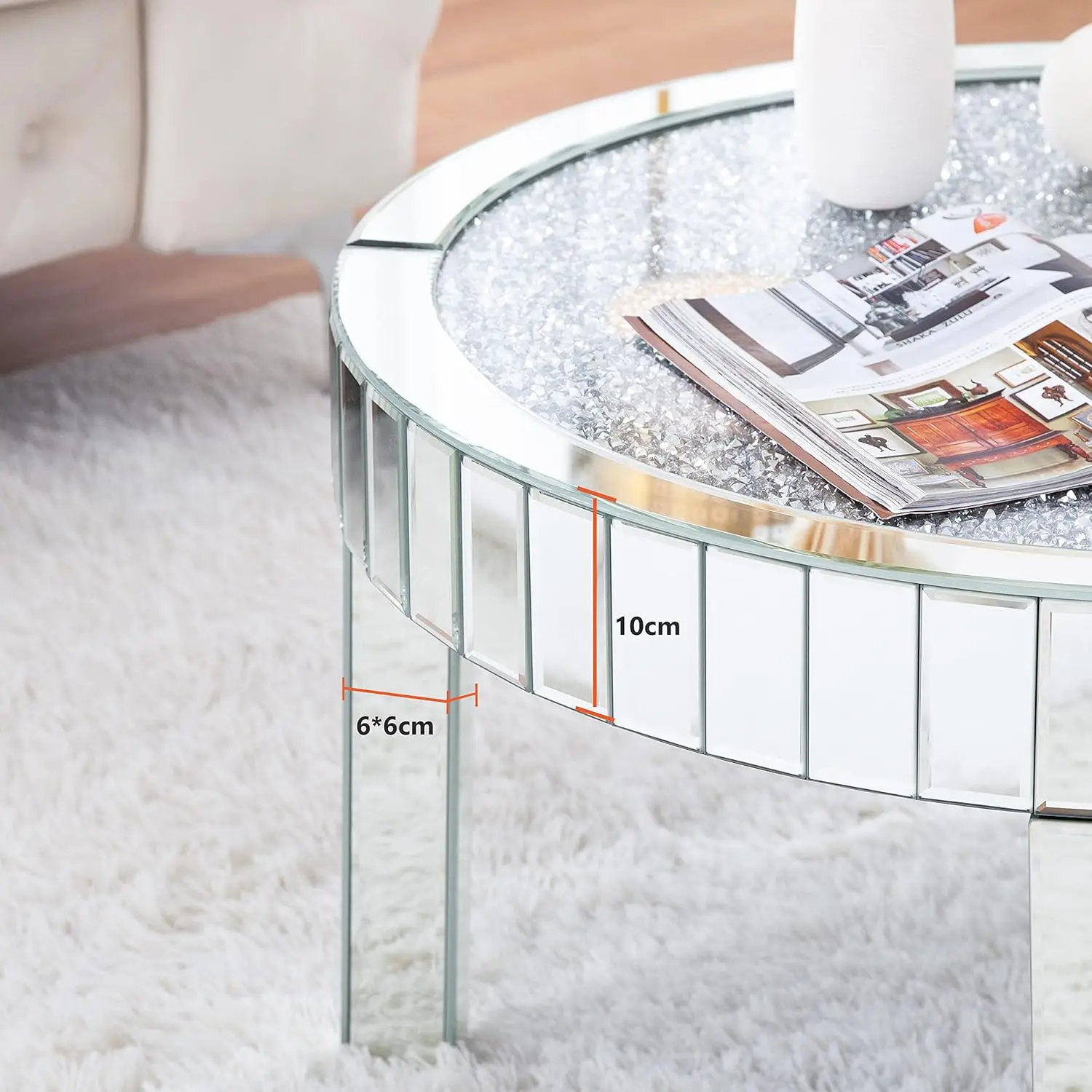 Modern Living Rooms Crushed Diamond Mirrored Round Coffee Table Wood Mdf Furniture