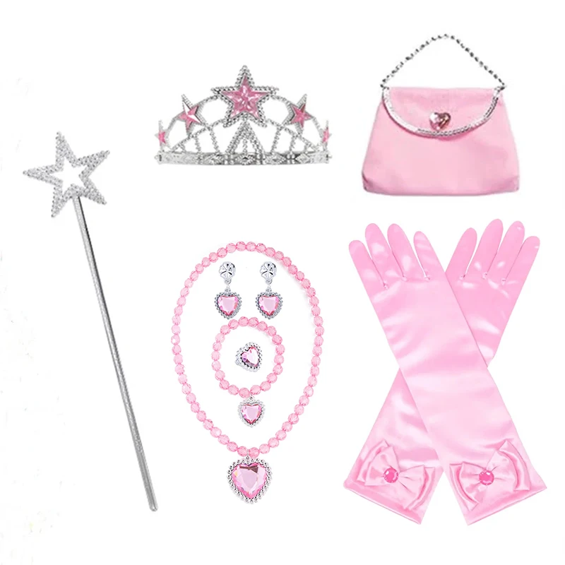 Halloween Pink Princess Cosplay Accessories Girls Crown Wand Neacklace Bag Gloves Accessory Sets For Children Birthday Gifts