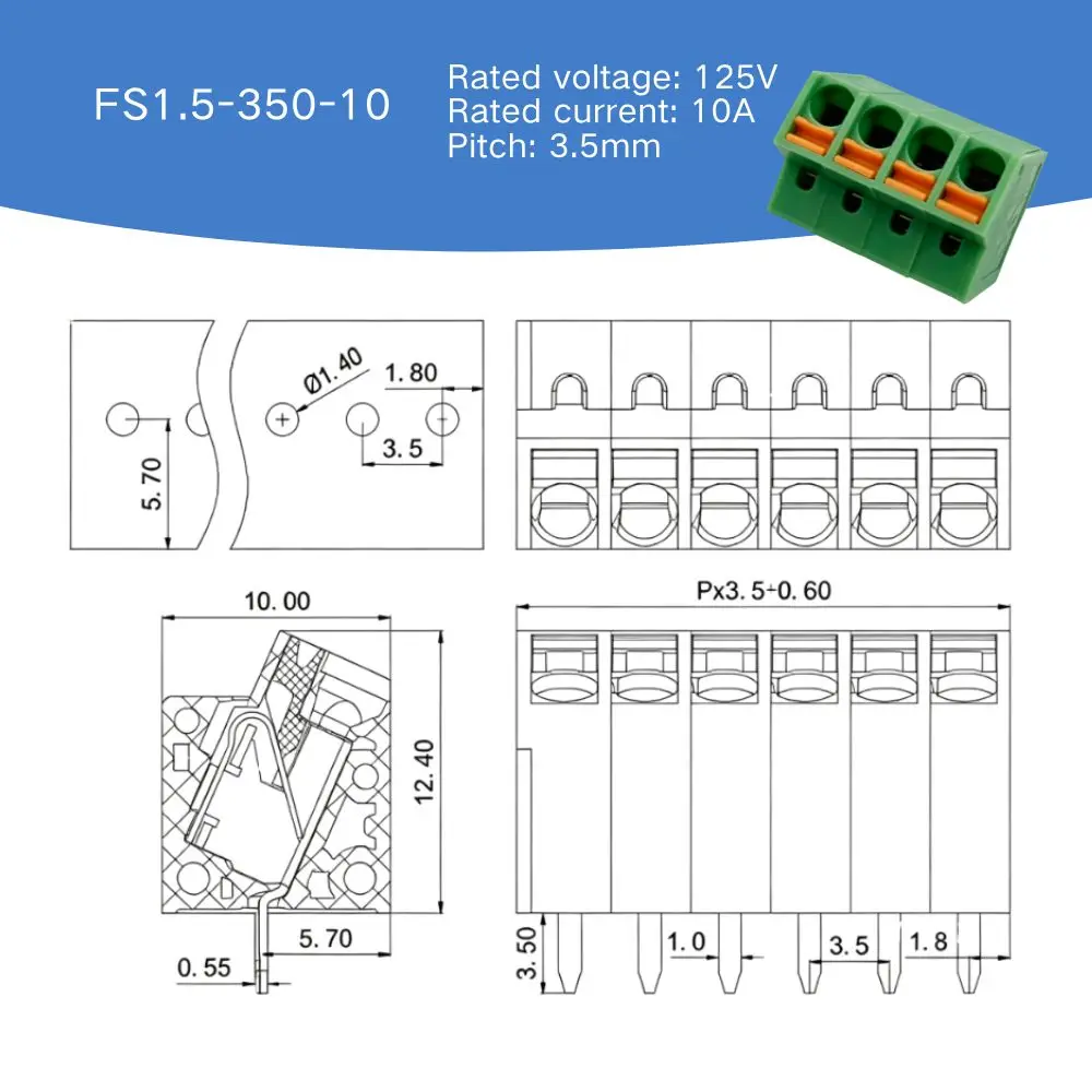 100PIN DG246‑3.5mm Connector Spring type Terminal Block Green Plug‑in Connector Complete Specifications