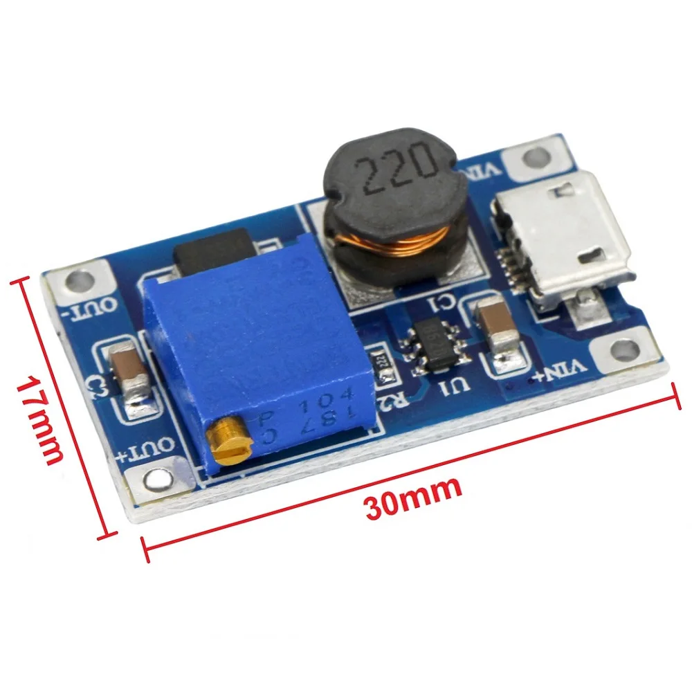 MT3608 DC-DC Adjustable Boost Module 2A Boost Plate Step Up Module With MICRO USB 2V-24V to 5V 9V 12V 28V