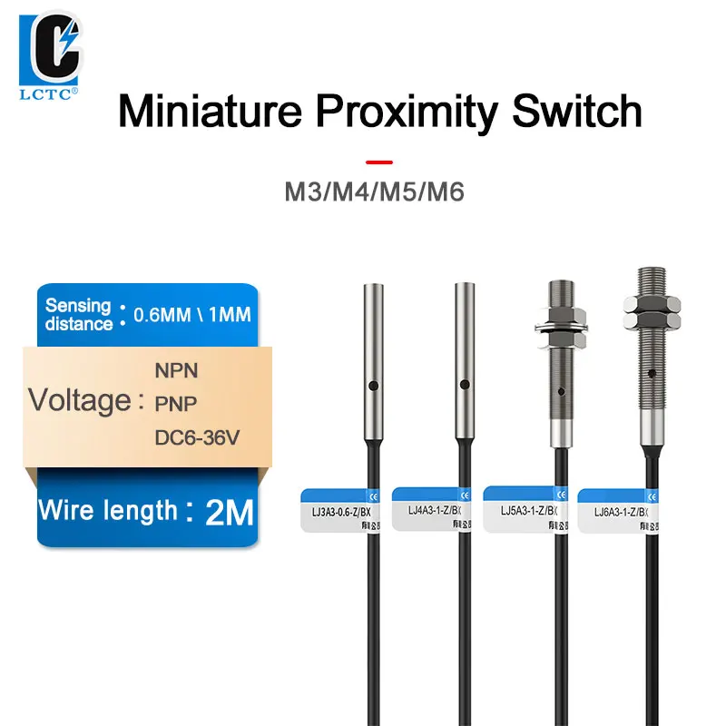 

LCTC M3/M4/M5/M6 Индуктивный датчик Индукционный бесконтактный переключатель Миниатюрный маленький металлический датчик Выход NPN/PNP 6-36 В постоянного тока 0,6/1 мм