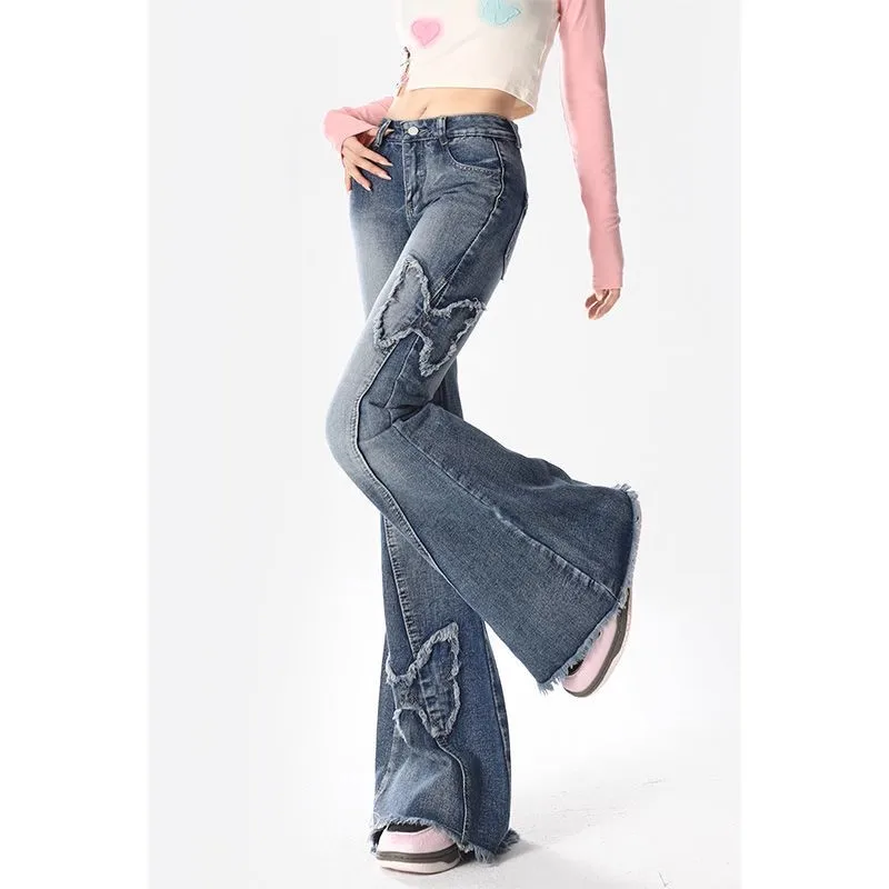 Jean évasé américain rétro épice pour femmes, pantalon taille haute, longueur au sol, papillon, vêtements féminins à la mode, printemps et automne