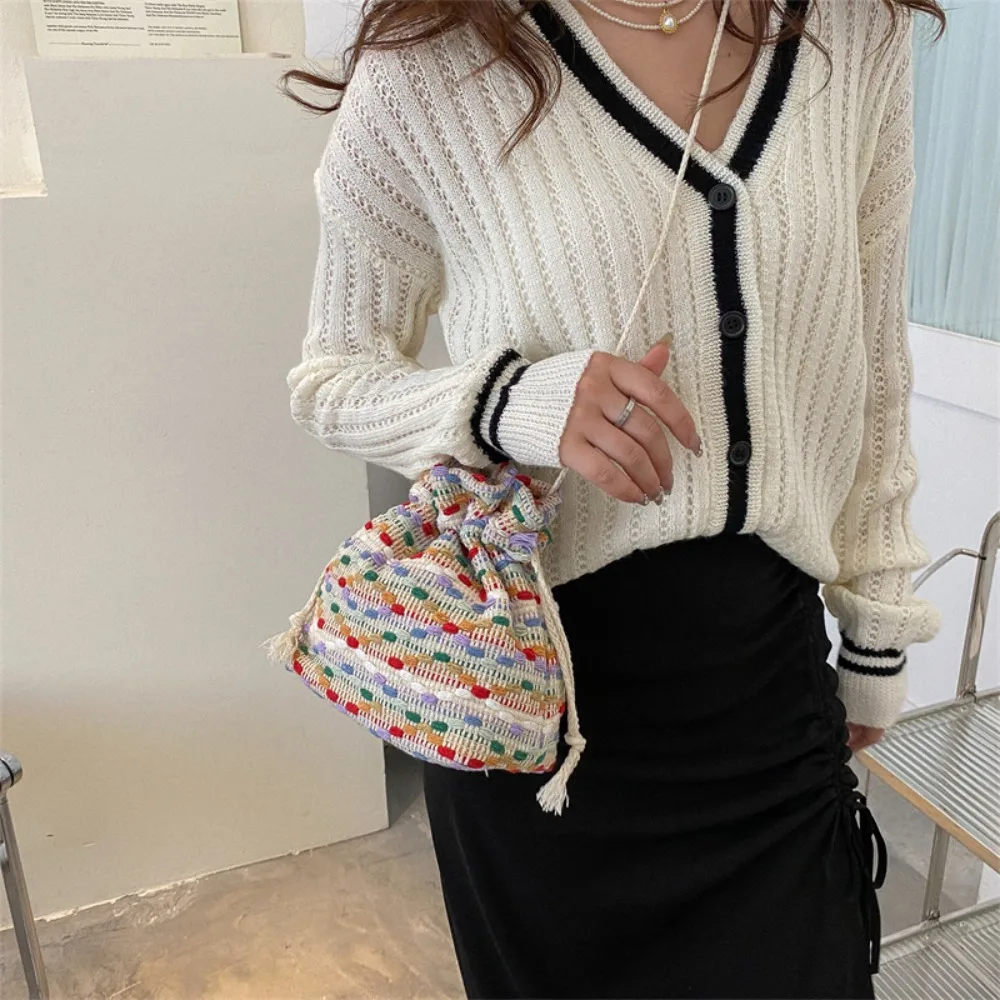 Bolso cruzado con cordón de gran capacidad, monedero de estilo coreano, bolso de cubo con cordón, bolsa de almacenamiento, bolsa para maquillaje, lápiz labial